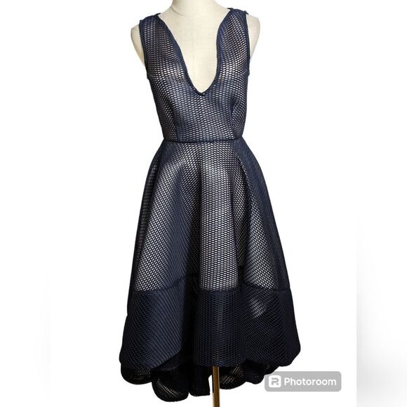 Issue NY Navy Blue Fishnet Overlay Dress NWT - Picture 1 of 7